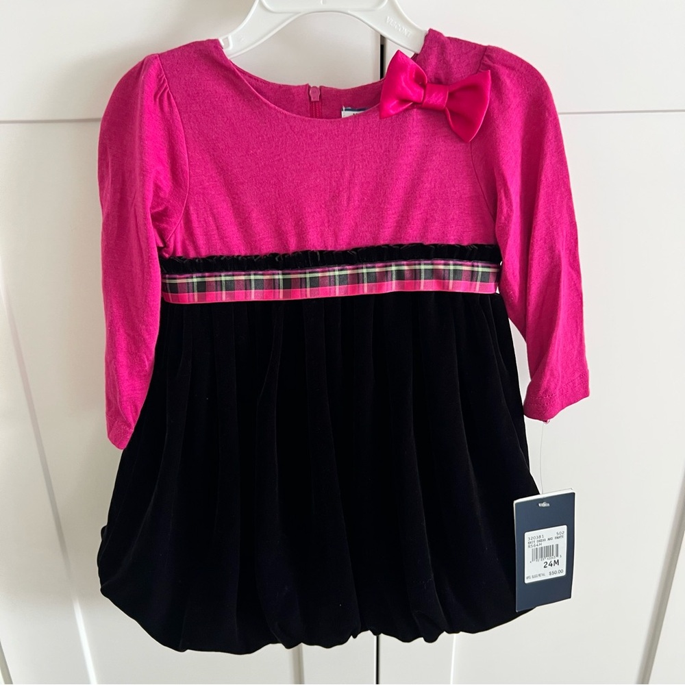 Hartstrings Pink and Black Kids Holiday Dress with Plaid trim and Bow 24M NWT